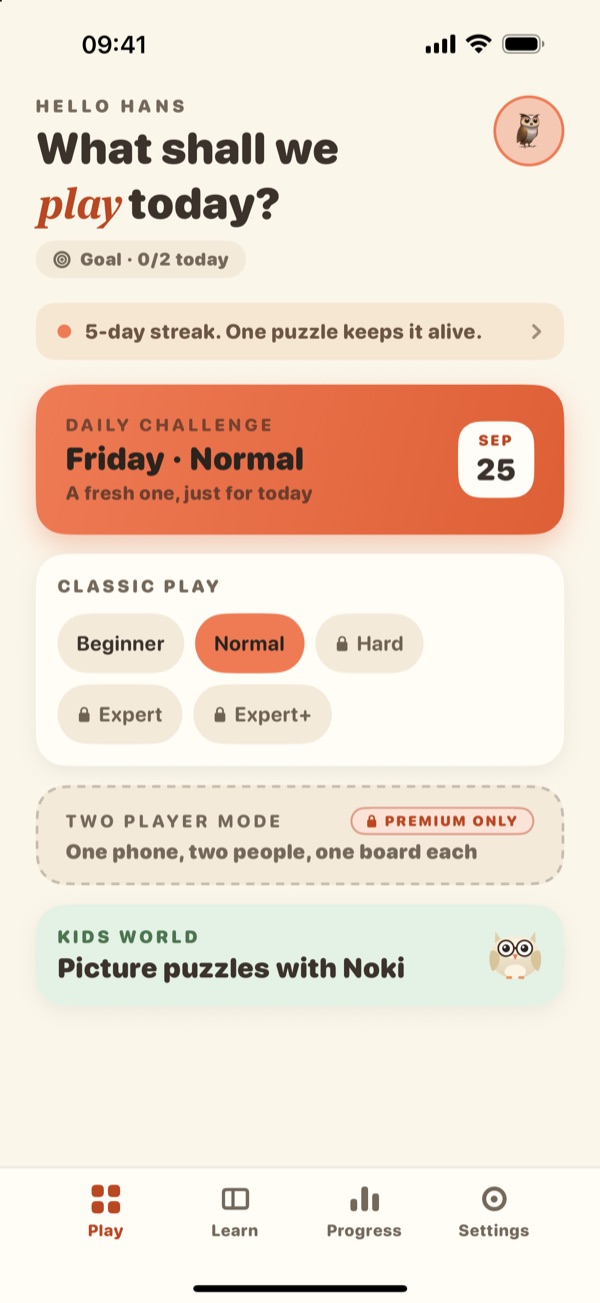 The Cozy Sudoku home screen: the daily challenge, the five classic levels and Kids World