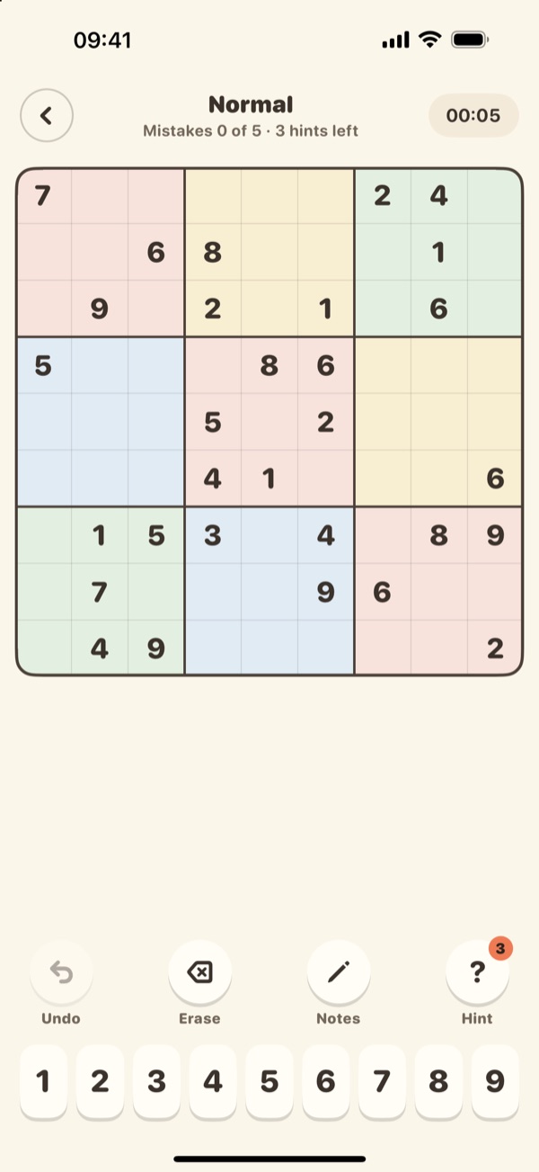 A Cozy Sudoku board on Normal, in progress