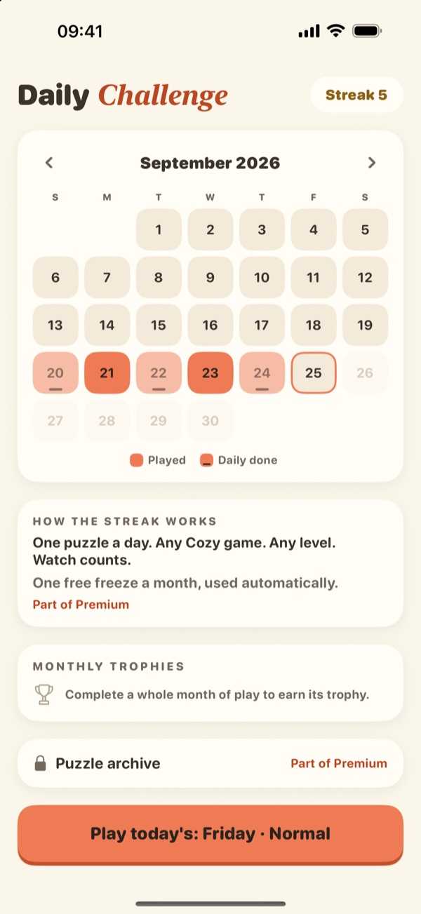 The daily challenge calendar, with a button to play today's puzzle