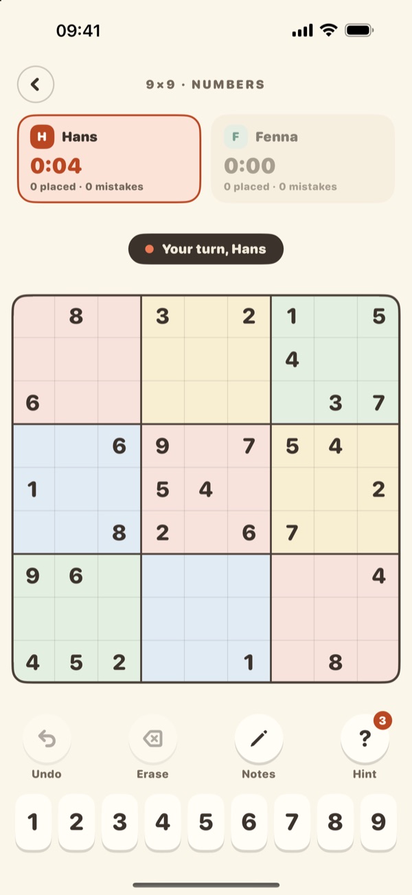 Two-player mode: two named players, each with a time, above a shared board