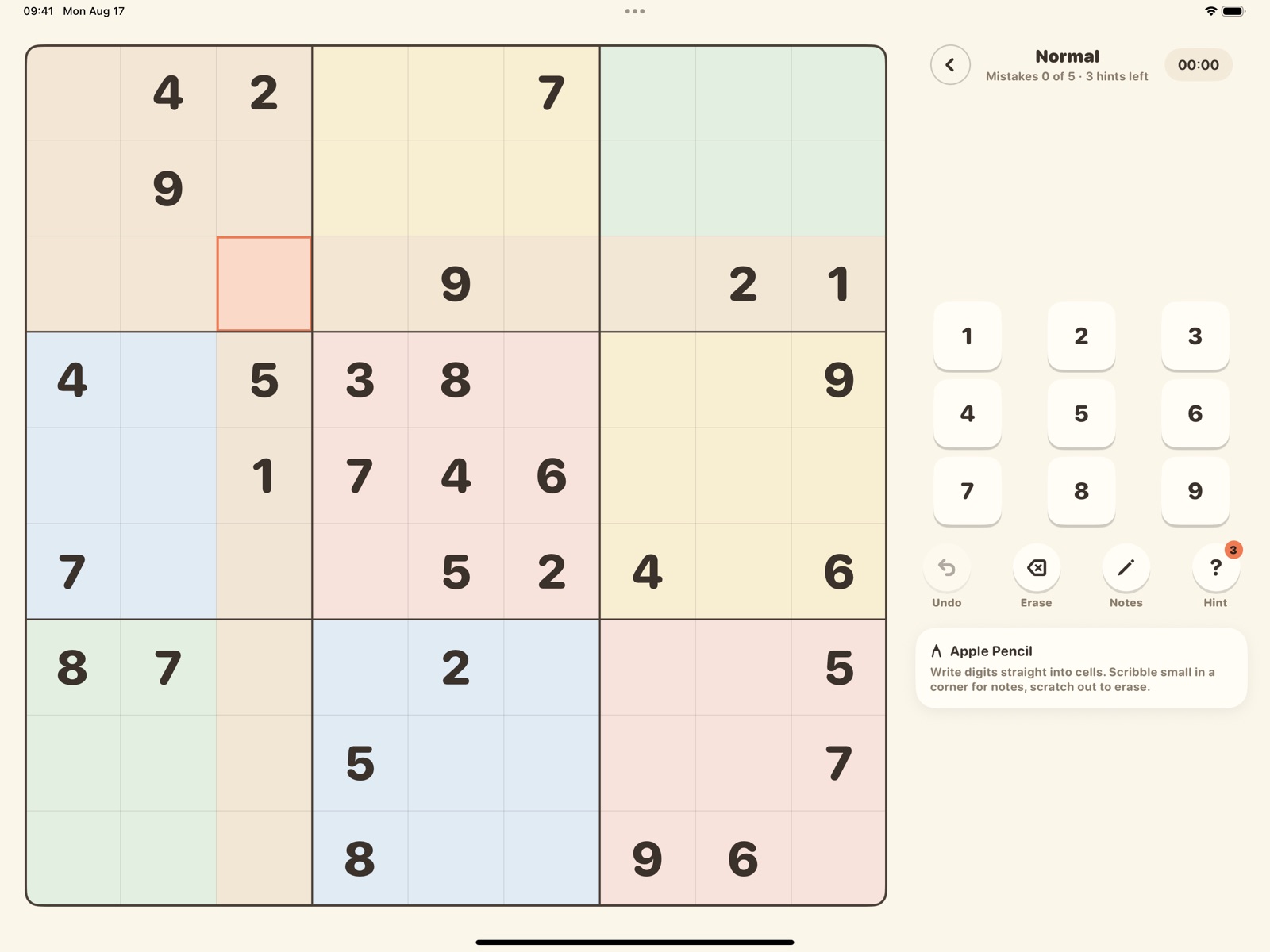 Cozy Sudoku on iPad in landscape, with the Apple Pencil instructions beside the board