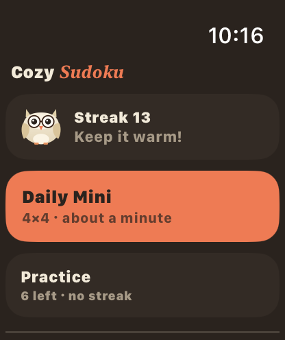 Cozy Sudoku on Apple Watch: a 13-day streak and the Daily Mini