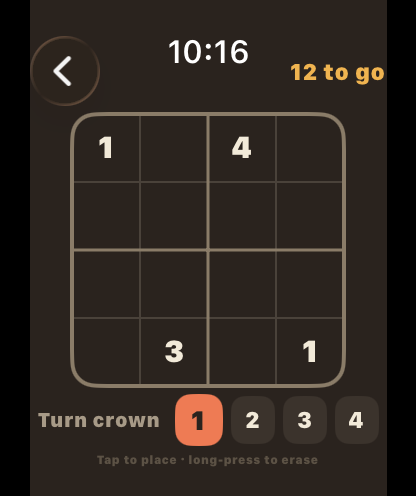 The Daily Mini on Apple Watch: a 4×4 board, played with the Digital Crown